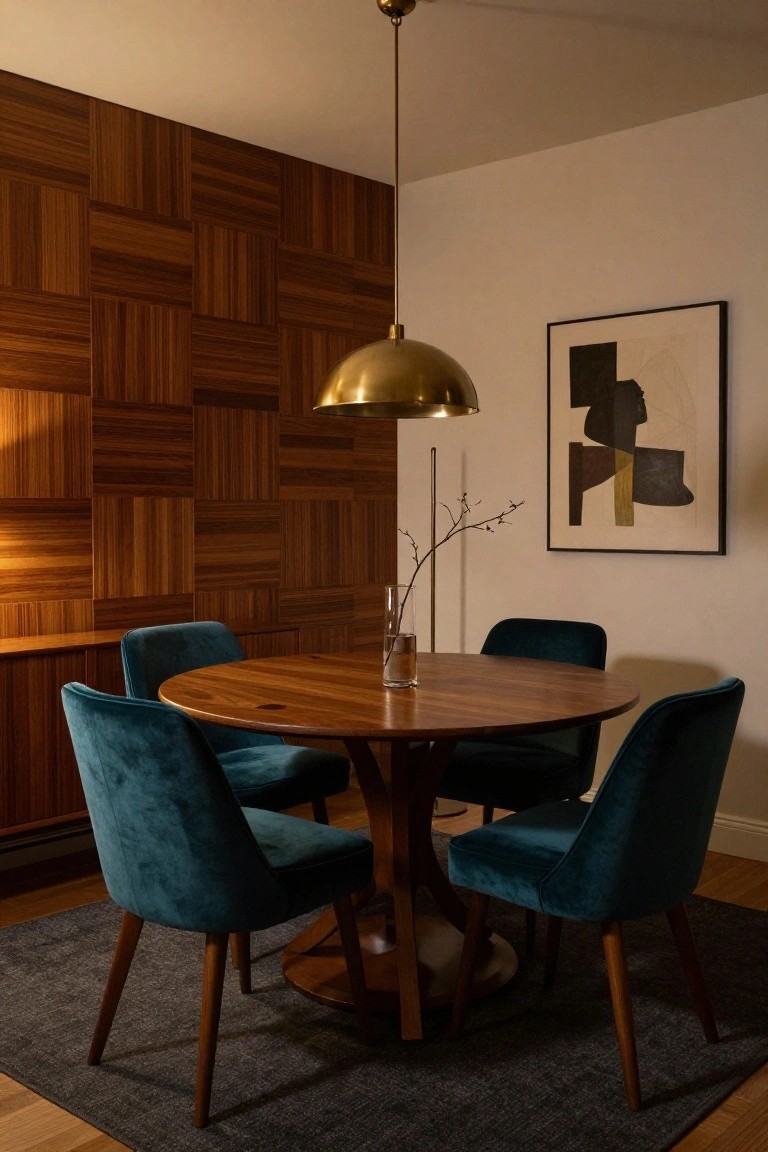 A round wooden dining table with four teal velvet chairs sits on a dark rug beneath a brass dome pendant light, with a dark wood accent wall on the left and an abstract framed artwork on the right wall.