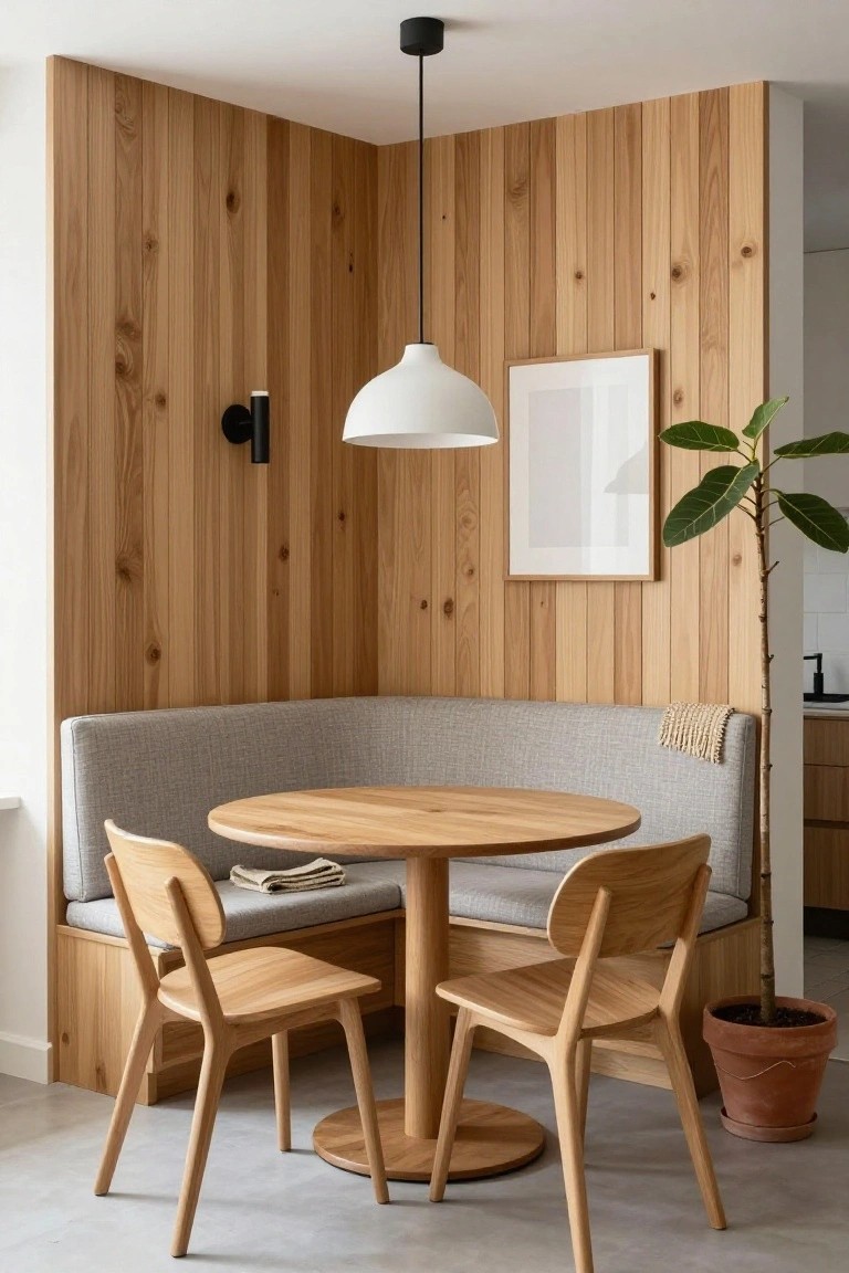 Round wooden table with two chairs, gray bench, pendant light in wood-paneled nook
