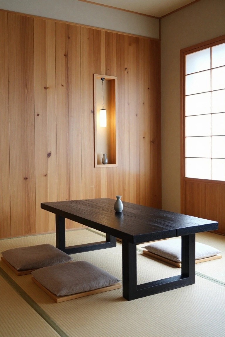 Japanese tatami room with low dark wooden table, cushions, and shoji window