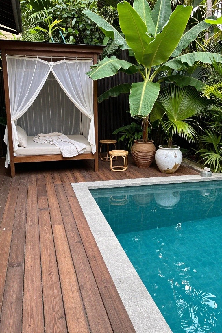 Wooden deck with canopy bed beside turquoise pool amid lush tropical plants and pots