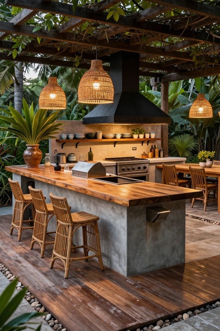 Tropical outdoor kitchen with wooden island, rattan stools, woven lights, and black hood.