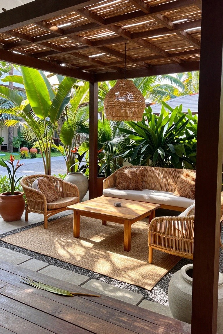 A wooden pergola covers a patio with rattan chairs, a sofa, a coffee table, and a woven rug, surrounded by tropical plants.