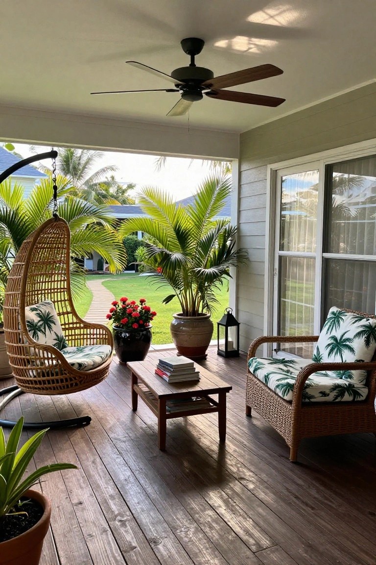 A covered wooden patio with a ceiling fan, two wicker chairs with palm-pattern cushions, a small coffee table, and several potted tropical plants.