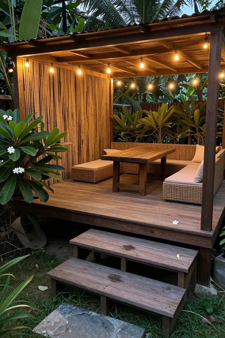 A wooden deck with a pergola overhead, string lights, wicker seating with cushions, a central table, bamboo screening on one side, and surrounding tropical plants.