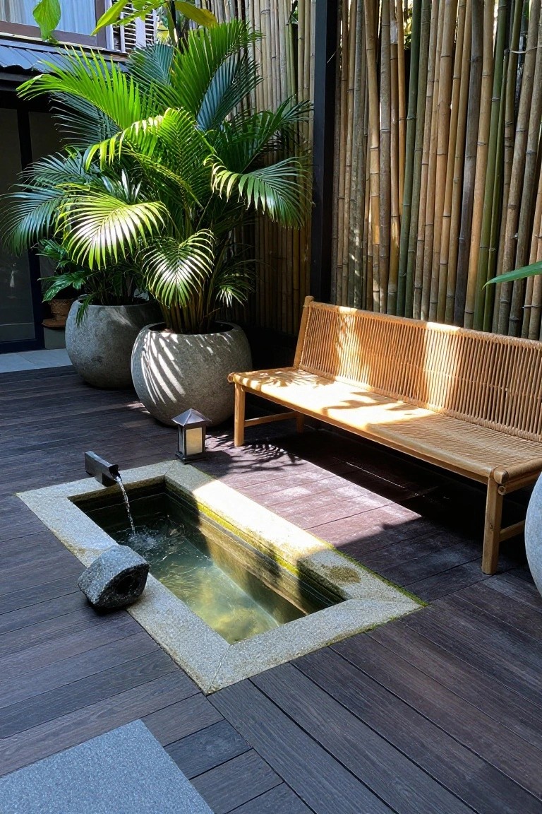 A dark wooden patio features a bamboo bench, a stone water basin with running water, large potted palms, and a tall bamboo screen wall.