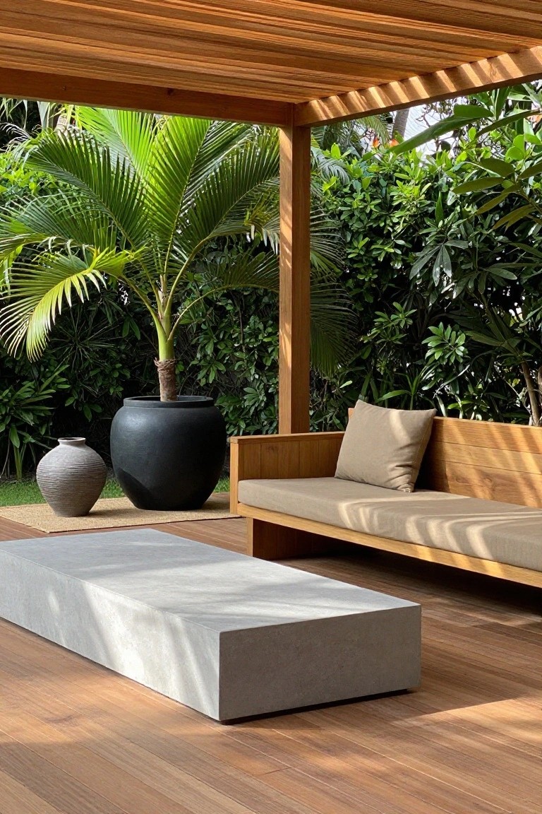 A wooden patio under a pergola with built-in bench seating, a concrete bench in front, and large potted plants beside lush greenery.