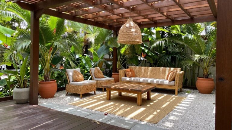 15 Tropical Wooden Patio Ideas Inspired by Lush Backyard Retreats A wooden pergola covers a patio with rattan chairs, a sofa, a coffee table, and a woven rug, surrounded by tropical plants.