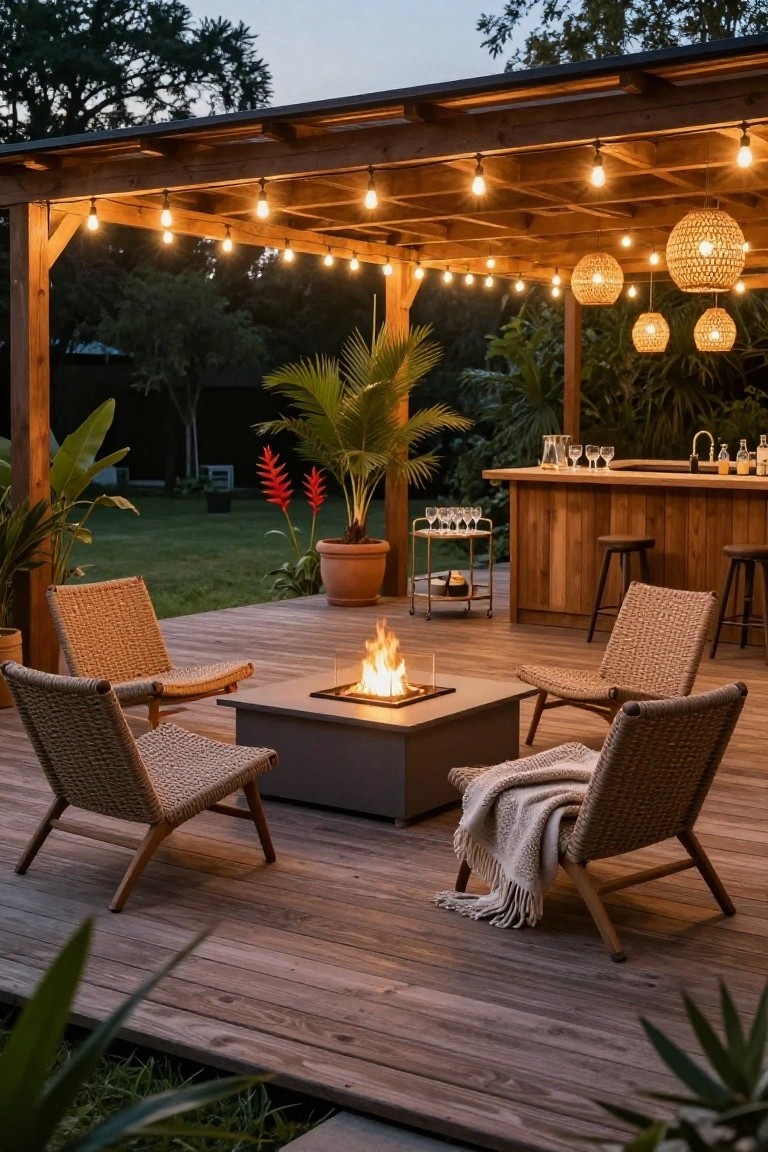 Wooden patio with fire pit, wicker chairs, string lights, pendant lamps, and bar at dusk.