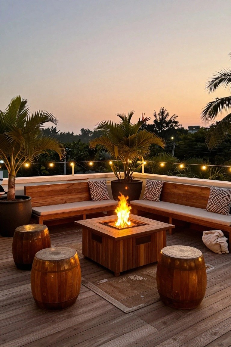 A wooden deck at dusk with a square fire pit in the center, built-in benches with cushions around it, several barrel stools, potted palms, and string lights overhead.