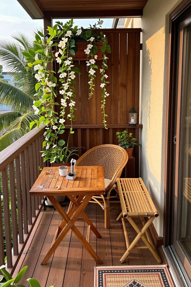 A wooden balcony with a rattan chair, small table, bamboo bench, and hanging white-flowered vines draped over a vertical wood screen.