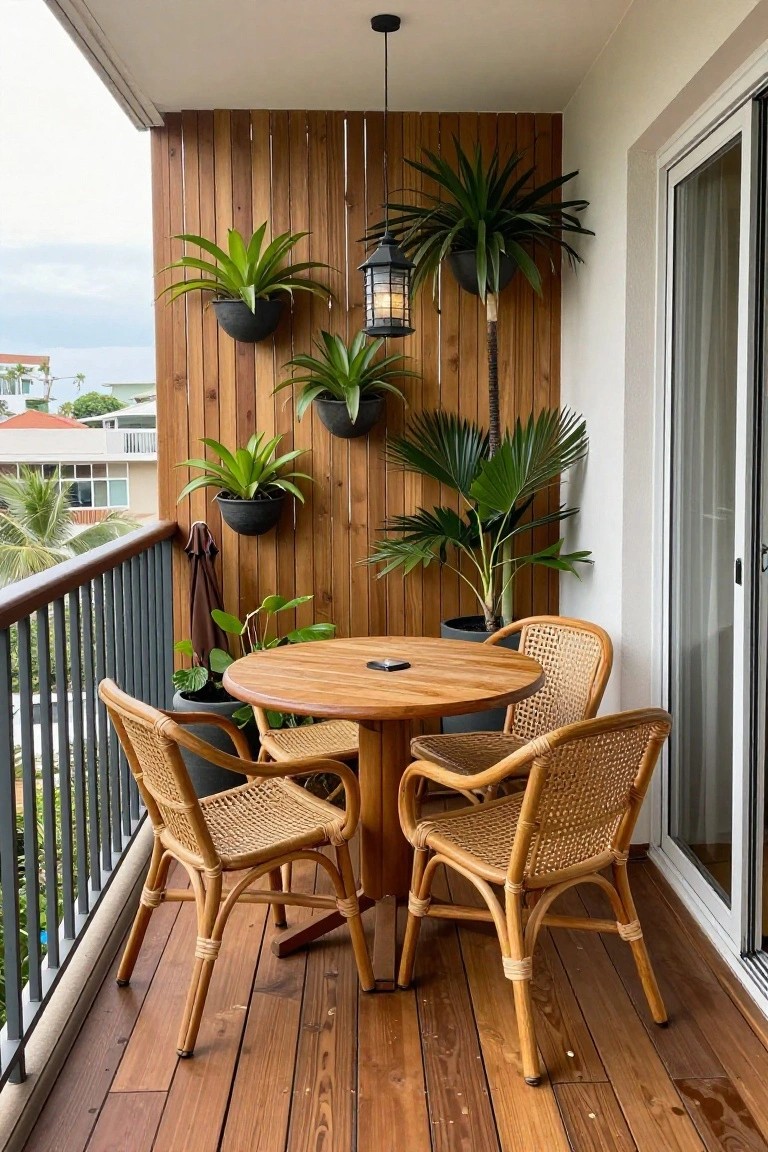 Round wooden table, rattan chairs on balcony with potted plants on wood wall.