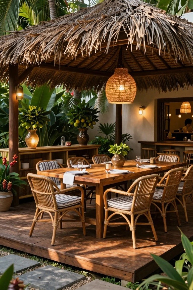 A wooden dining table with rattan chairs sits on a deck under a large thatched roof, surrounded by tropical plants and potted greenery.