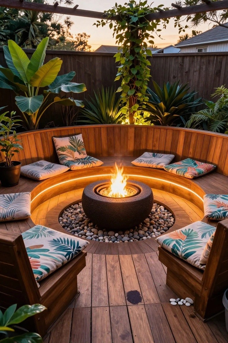 A circular wooden deck features a central dark fire pit surrounded by built-in curved bench seating with patterned cushions and pebble ground cover, with tropical plants in the background.
