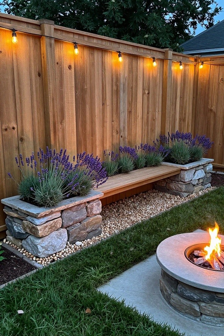 A wooden fence with a built-in bench supported by stacked stone planters filled with lavender, next to a gravel path and a stone fire pit.