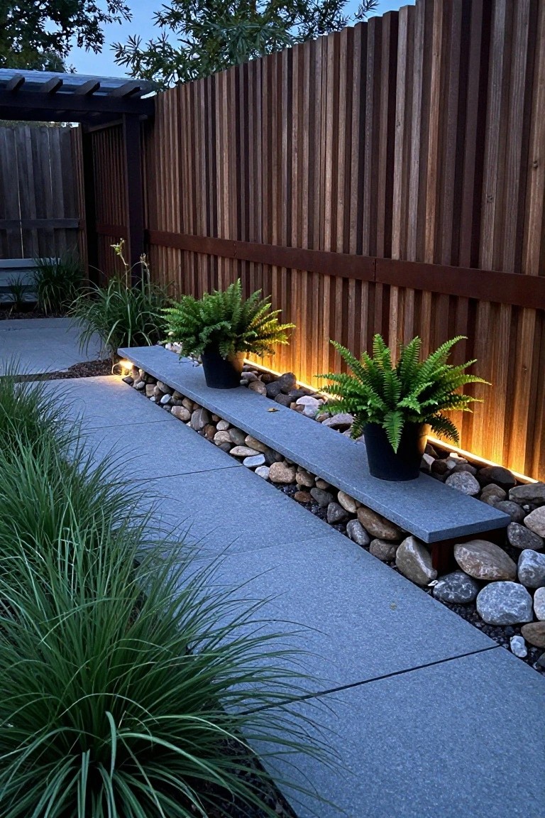 A wooden fence with a long concrete ledge holding two potted ferns on a bed of river rocks next to a paved path.