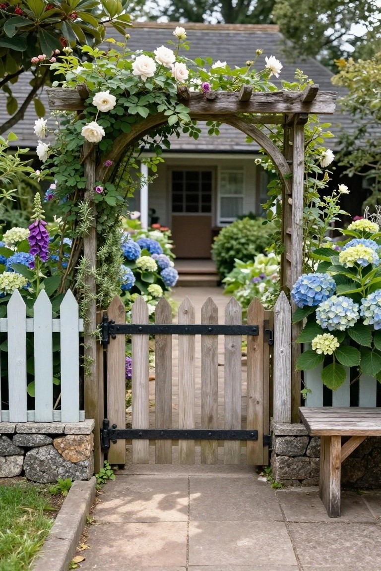 A wooden garden gate with a rustic arbor arch covered in white roses, set between stone posts and surrounded by blue and purple hydrangeas.