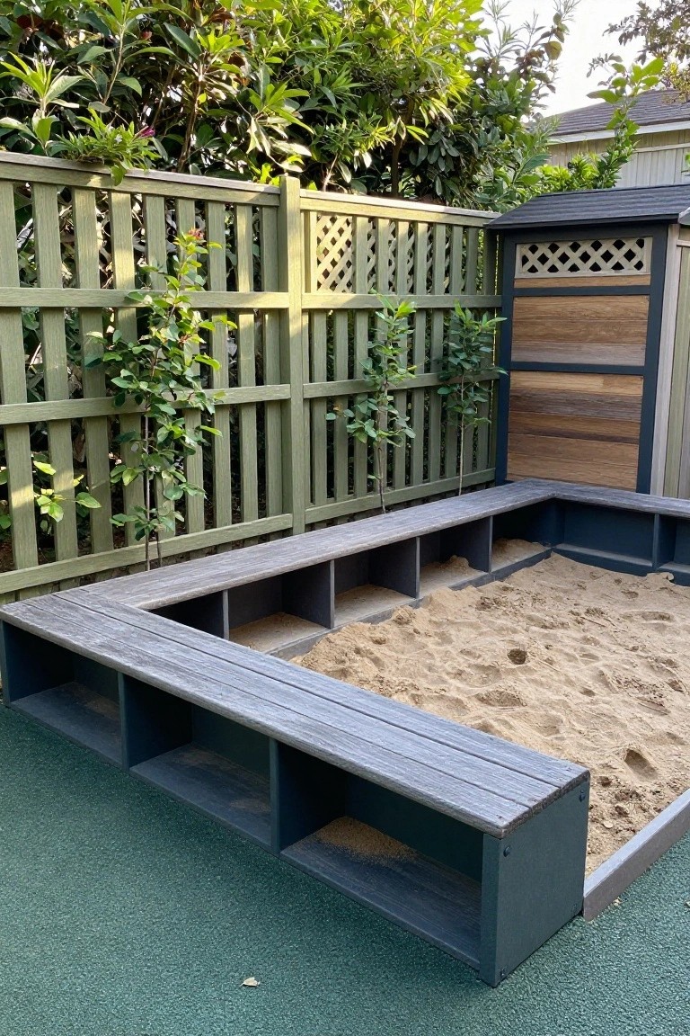 Wooden fence with vertical slats and lattice panels next to a sandbox with built-in benches.