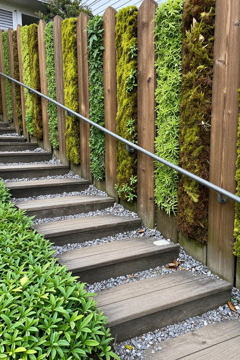 Wooden stairs with metal rail beside moss-covered fence and green plants