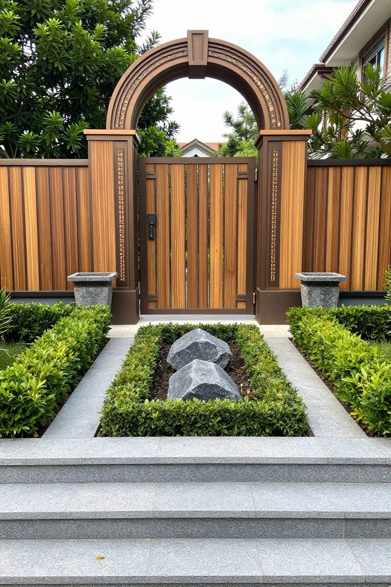 A wooden fence and gate with a large central arch, decorative inlays on the posts, stone planters, and low green shrubs in front.