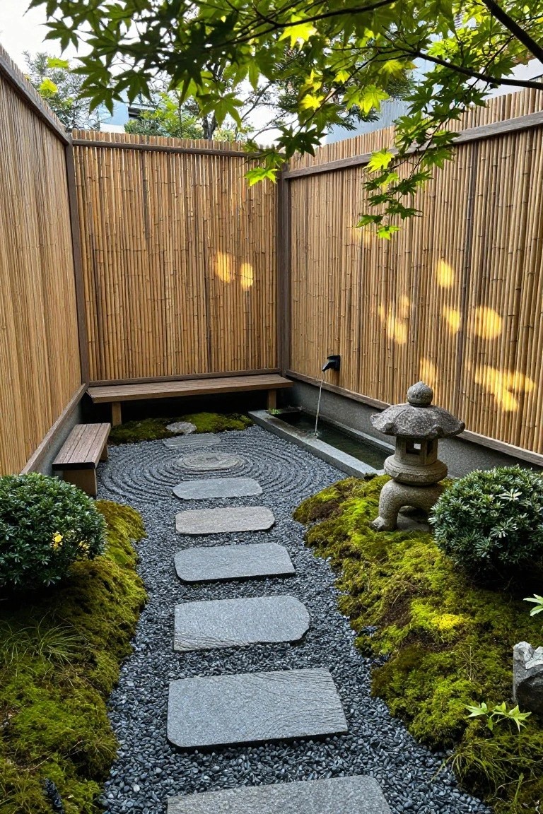 Tall bamboo fencing encloses a garden area with a stone path through gravel and moss, wooden benches, and a stone lantern with water spout.