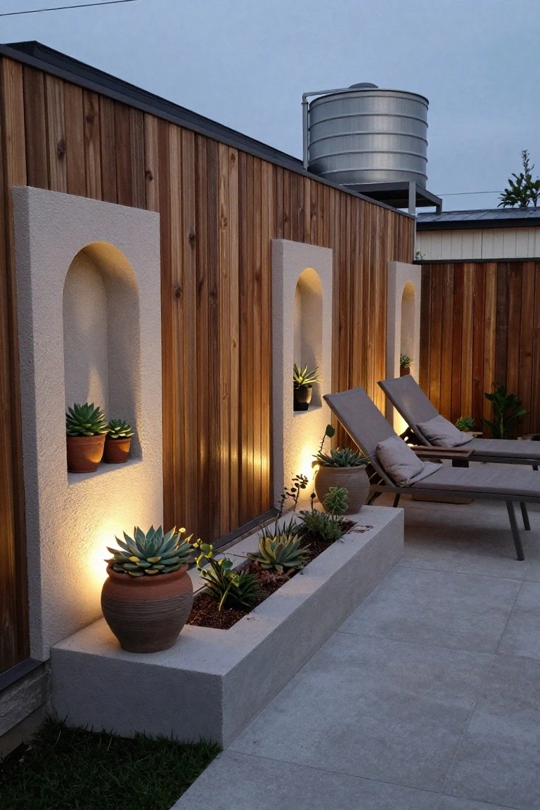 An outdoor patio with a wooden wall containing three arched concrete niches holding potted plants, a concrete raised bed with succulents, and two lounge chairs nearby.