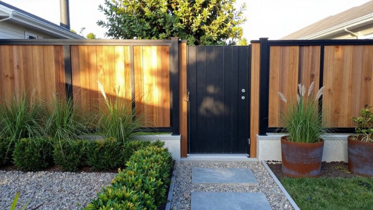 A wooden fence with vertical black metal accents stands beside a gravel path lined with gray stone pavers, ornamental grasses, and a round metal planter.