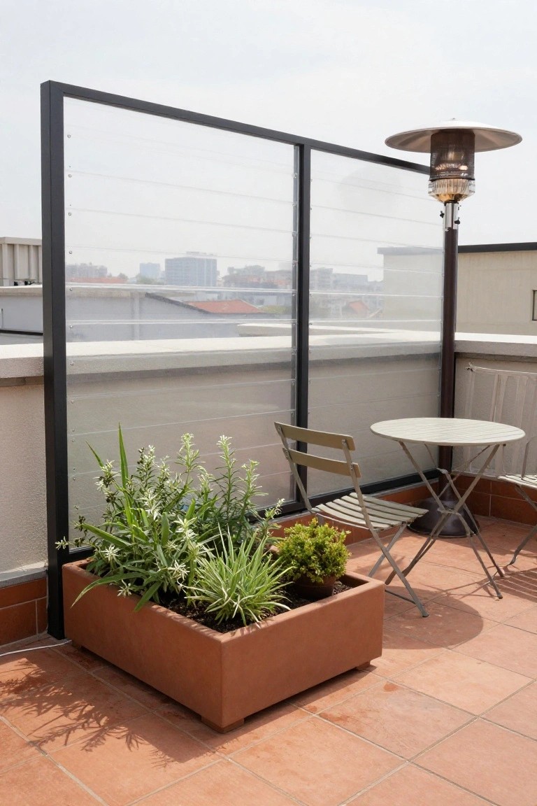 A rooftop terrace features a black-framed glass panel screen beside a large terracotta planter filled with green plants, with a small round table and folding chairs on the tiled floor.