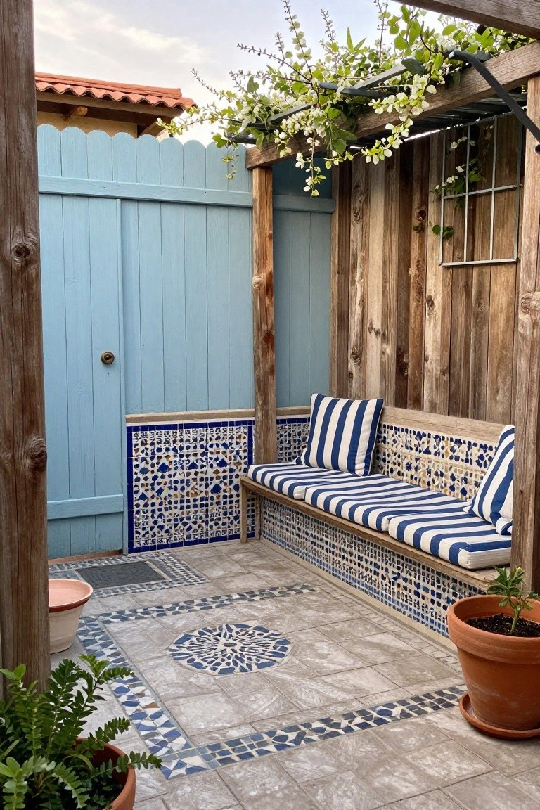 Outdoor bench with blue striped cushions amid tiled walls and plants