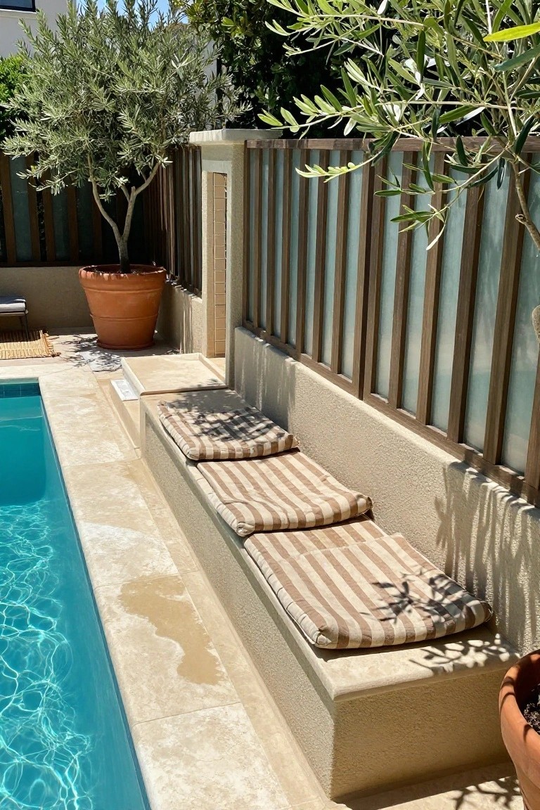 A poolside built-in bench with striped cushions sits against a fence of vertical wood slats alternating with glass panels, flanked by large terracotta pots with trees.