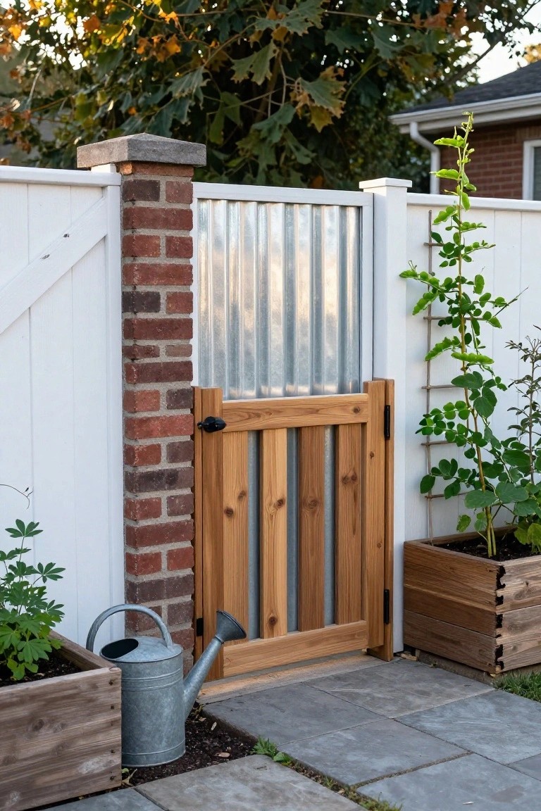 A wooden gate inset with vertical corrugated metal panels, framed by a white fence and brick pillar on a stone patio.