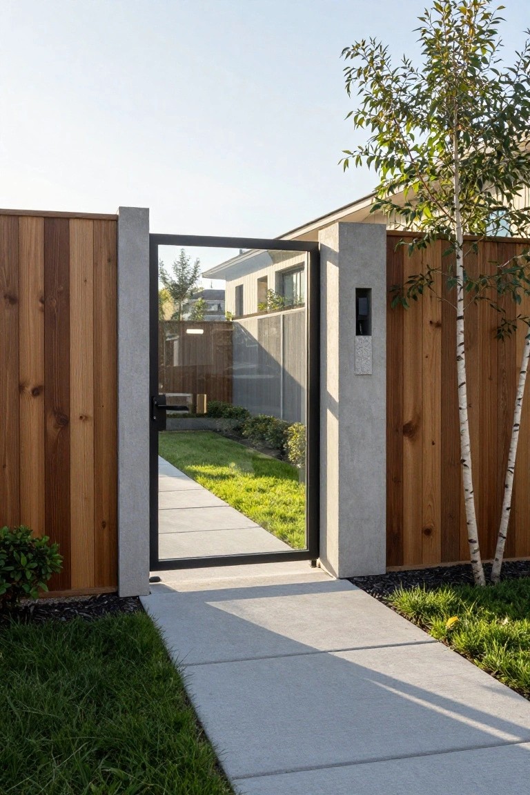 A wood fence with vertical planks and concrete posts includes a black metal and glass gate that opens onto a concrete walkway.