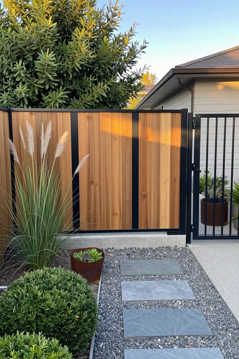 A wooden fence with vertical black metal accents stands beside a gravel path lined with gray stone pavers, ornamental grasses, and a round metal planter.