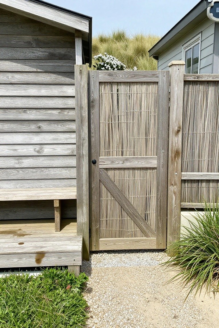 A wooden gate with vertical reed screening panels framed by gray wood posts, set between two wooden buildings on a gravel path.