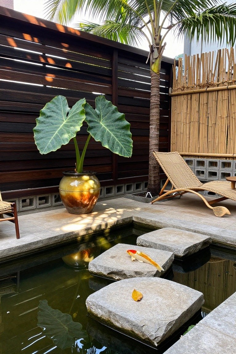 A dark horizontal wood fence stands beside a bamboo screen next to a small pond with stepping stones and a potted plant.