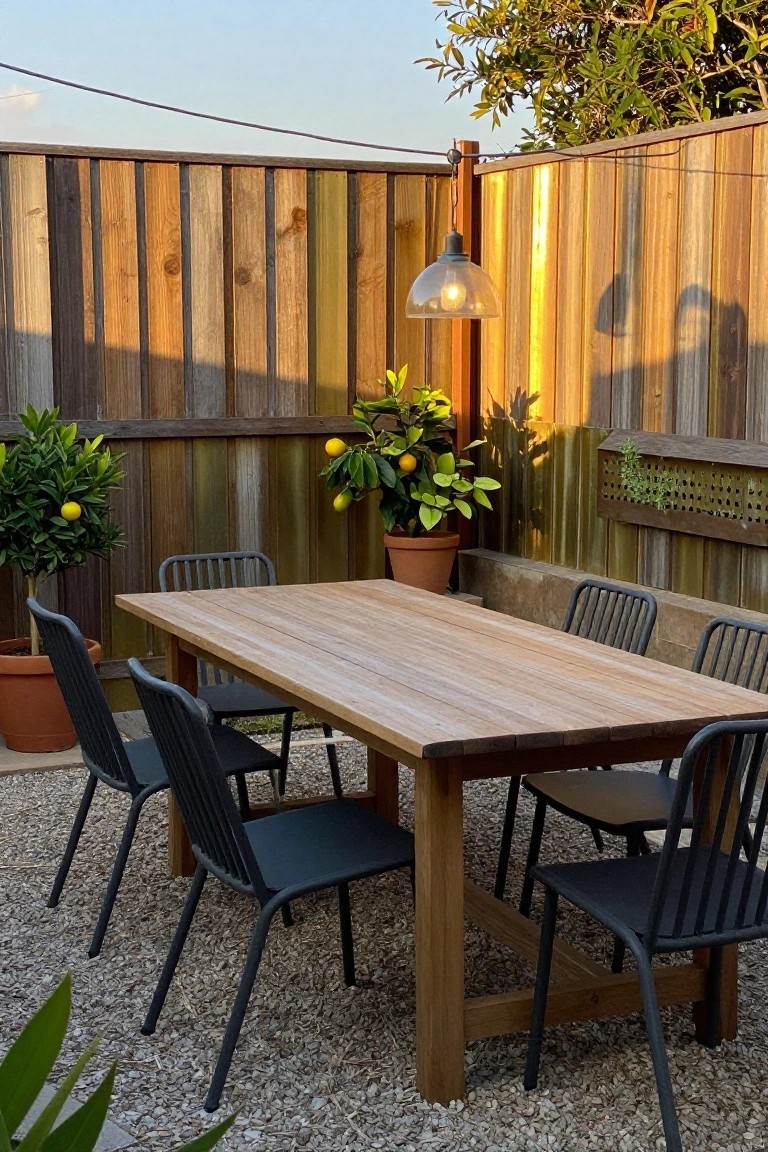 A wooden outdoor dining table with black metal chairs sits on gravel in front of a vertical wood fence made of planks in mixed brown tones, with a hanging glass light fixture and potted citrus trees nearby.