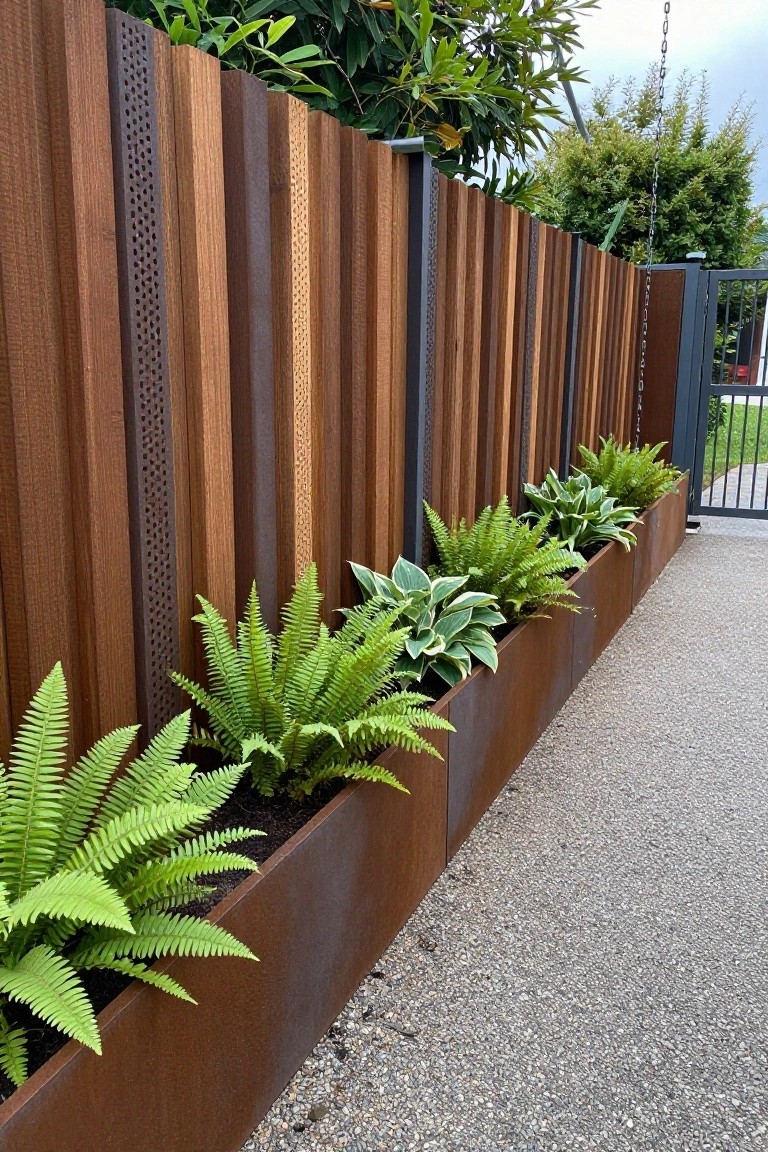 A long wooden fence with vertical brown slats and dark metal perforated panels includes a continuous metal planter box planted with ferns and hostas beside a gravel path.
