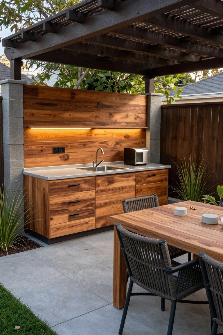 Modern outdoor kitchen with wooden cabinets, sink, microwave, and patio dining table