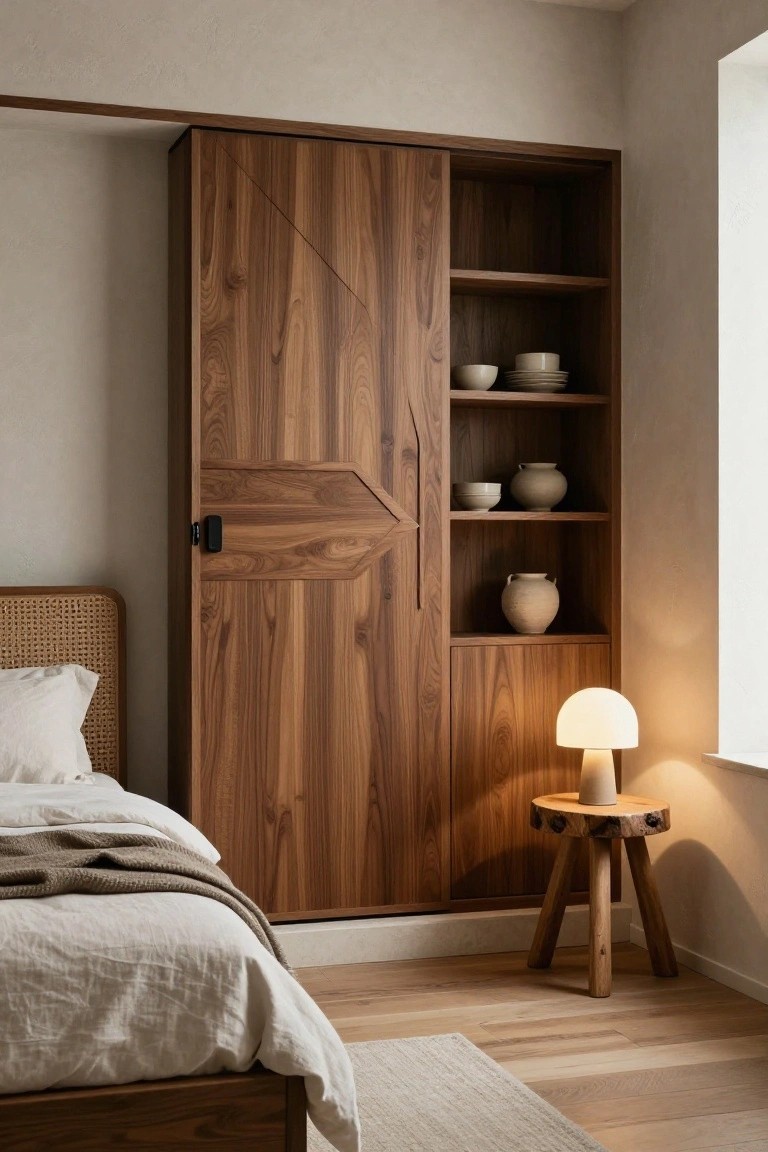 A bedroom interior with a tall wooden built-in wardrobe featuring sliding doors with geometric inlay, open shelves displaying ceramic items, a wooden bed with white bedding, and a small wooden stool holding a lit lamp.