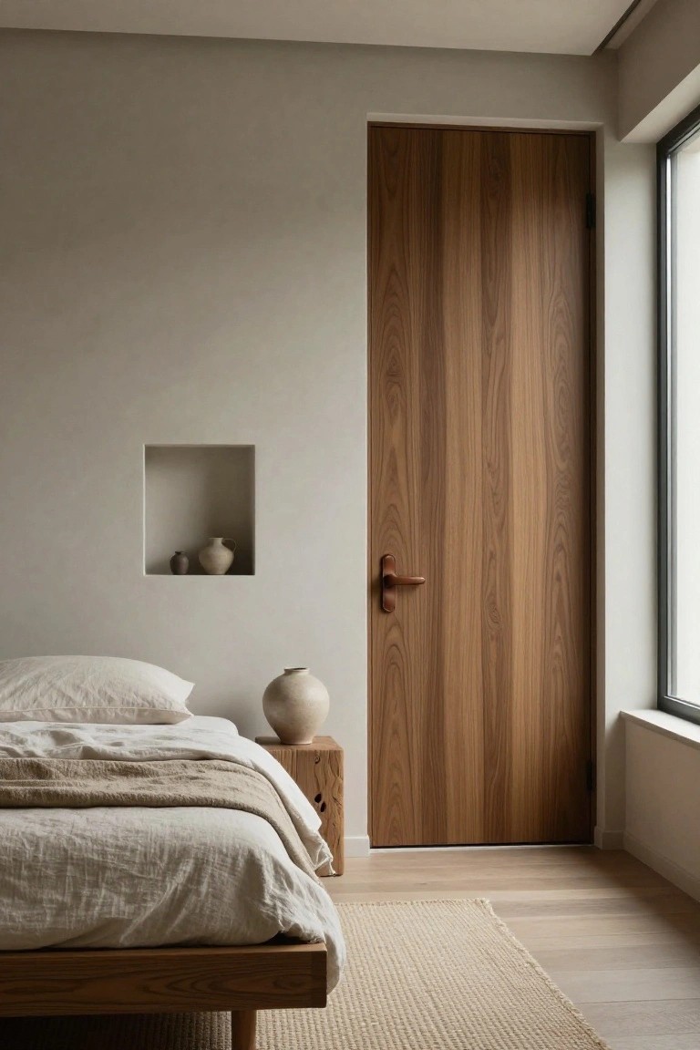 A bedroom interior with a tall vertical-grain wood door, a low wood bed with linen bedding, and a small recessed wall niche holding two ceramic vases.