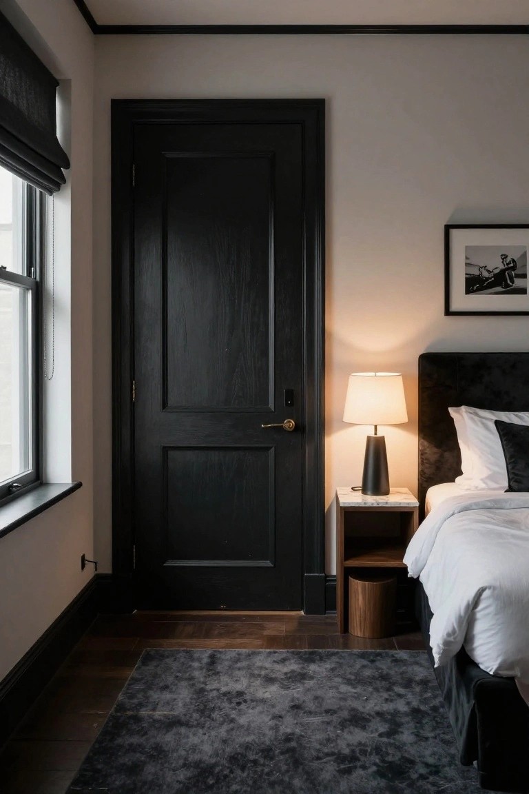 A bedroom with a black wooden door, light walls, a bed with white linens, a lit lamp on a nightstand, and a dark rug on the floor.