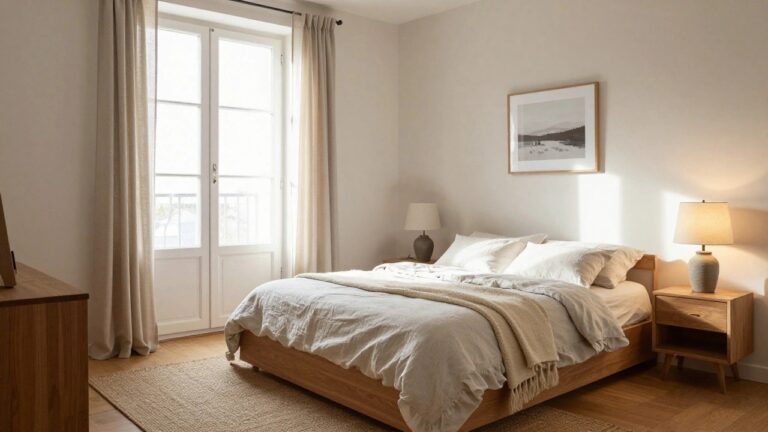 A bedroom with wooden French doors centered between white curtains, a bed with white bedding in the foreground, and wooden nightstands holding lamps on either side.