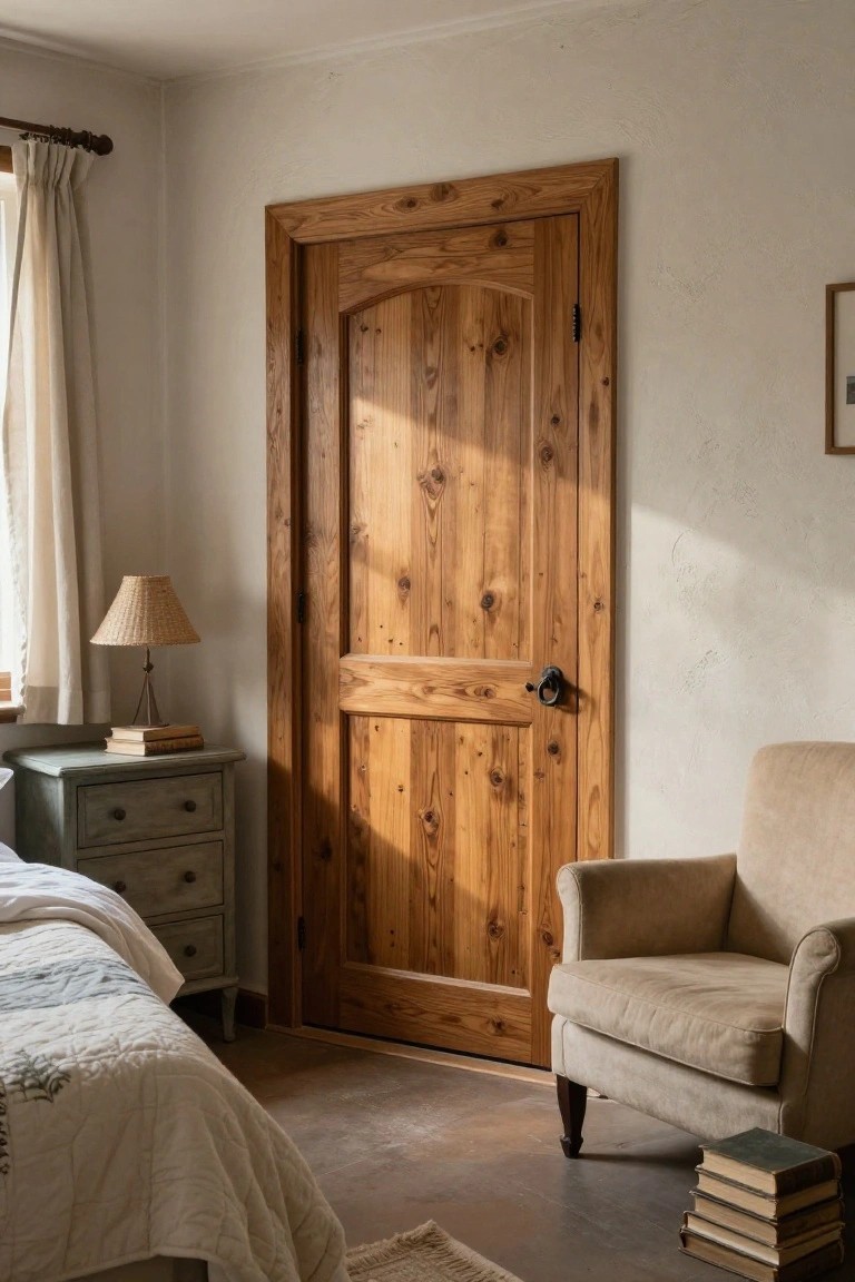 Rustic sunlit bedroom with wooden door, beige armchair, gray nightstand, and scattered books