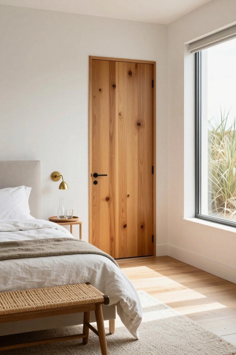 A light wooden door with visible grain stands in a minimalist bedroom next to a bed with white linens and a woven bench.