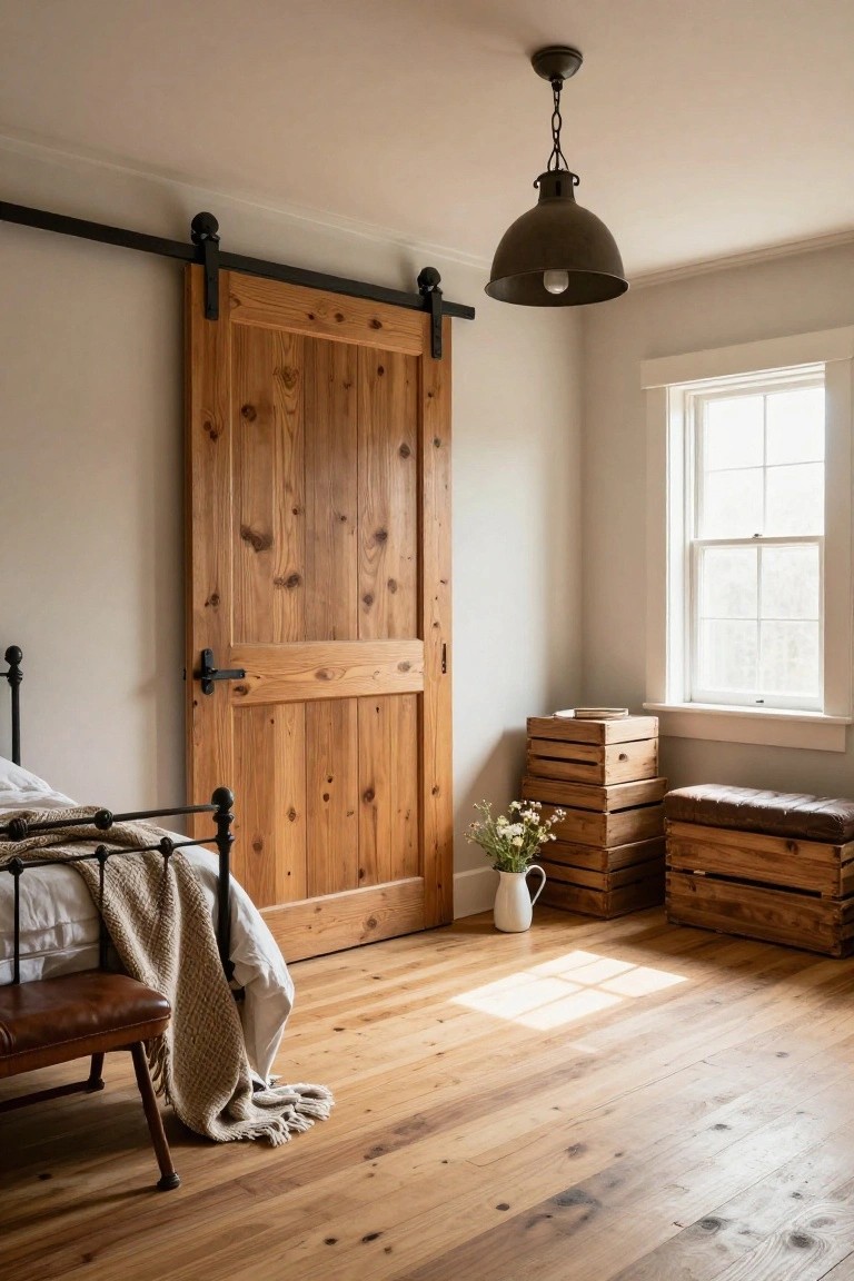 A light wood sliding barn door with black hardware in a bedroom with wood floors, a window, and stacked crates.