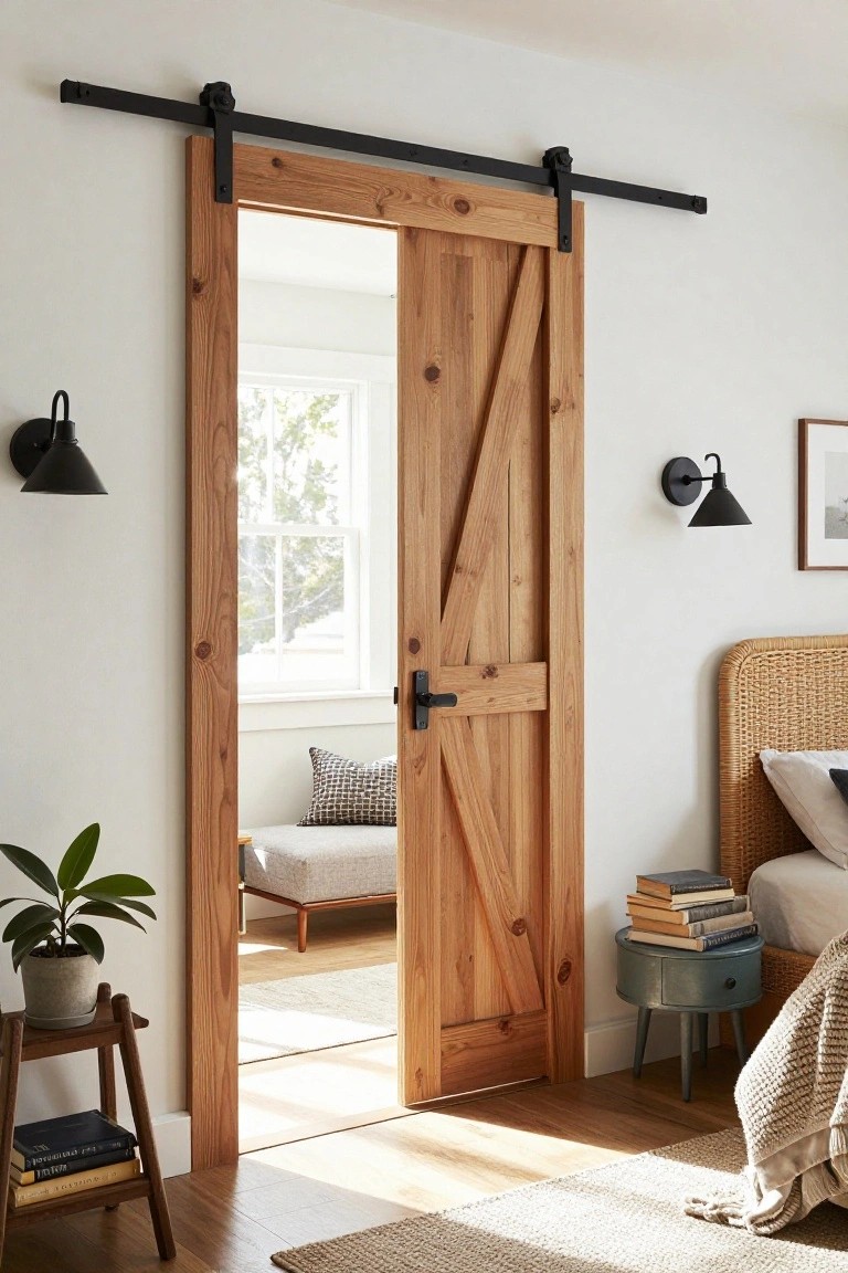 A light wood sliding barn door with black hardware stands partially open in a bedroom, showing a daybed visible through the doorway.