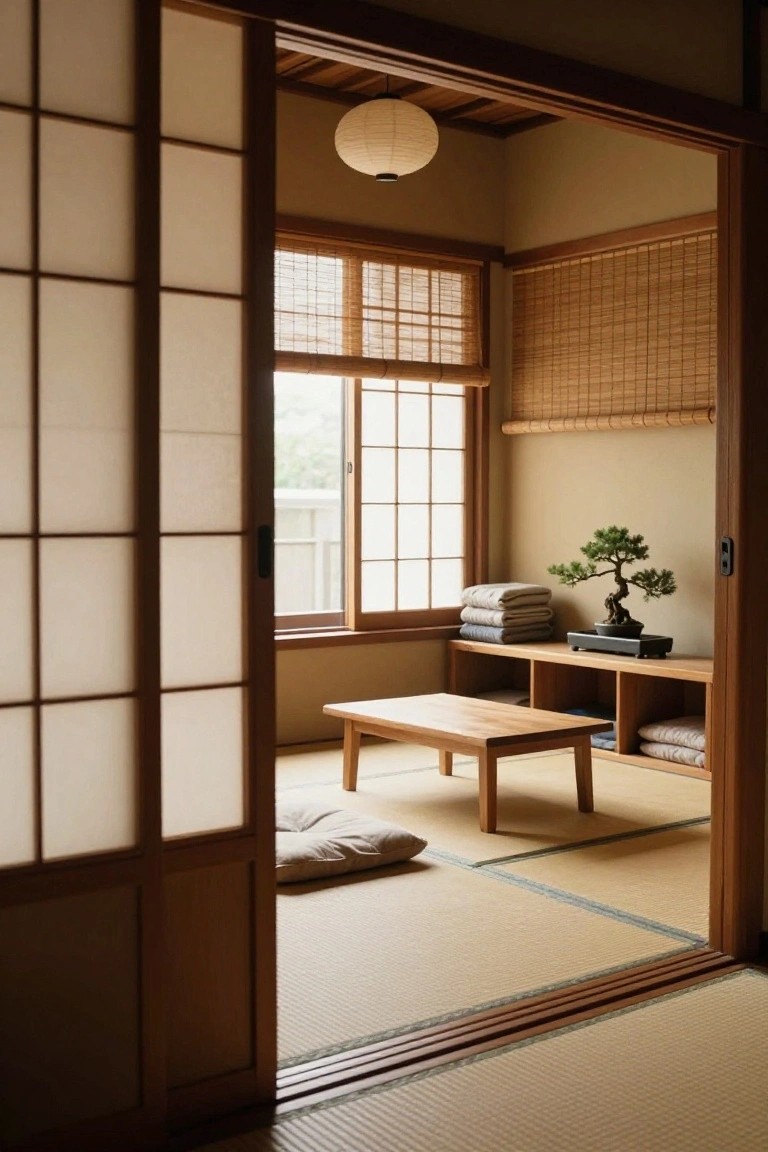 A wooden shoji-style sliding door stands open, revealing a tatami room with a low wooden table, stacked cushions, and a bonsai on a shelf.