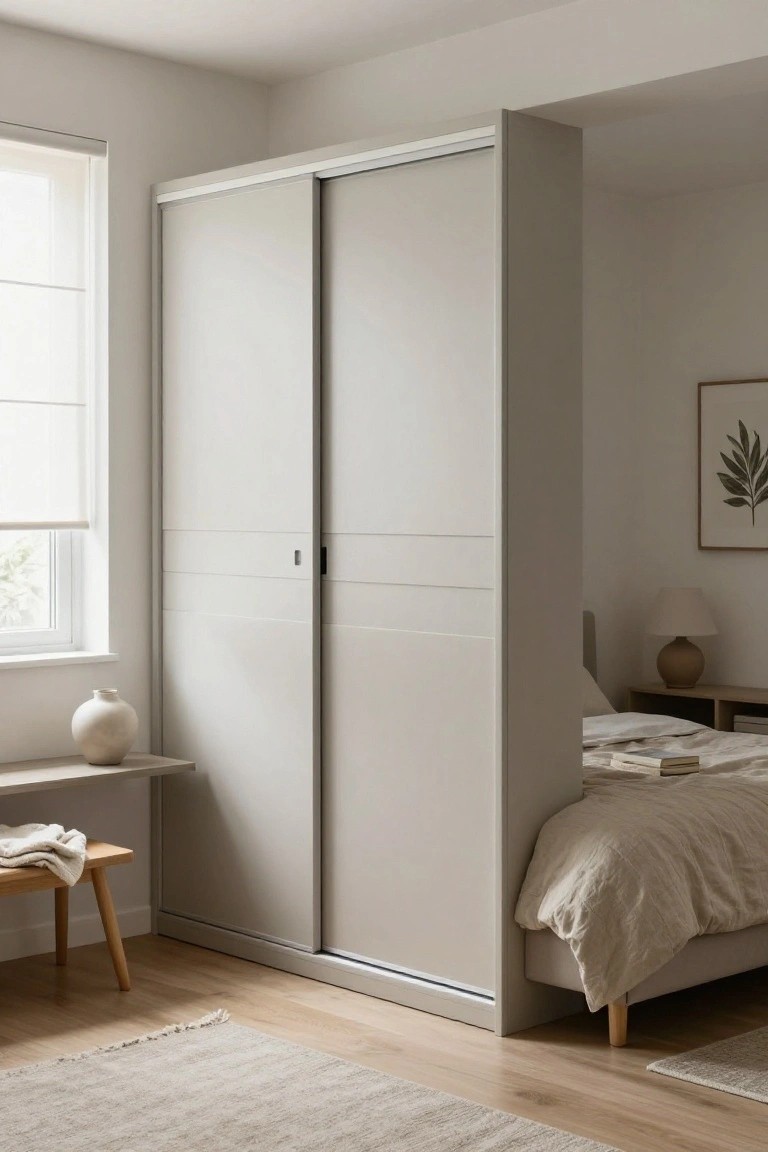 A bedroom featuring a large light-colored sliding wardrobe with horizontal panel lines positioned next to a bed with neutral bedding.