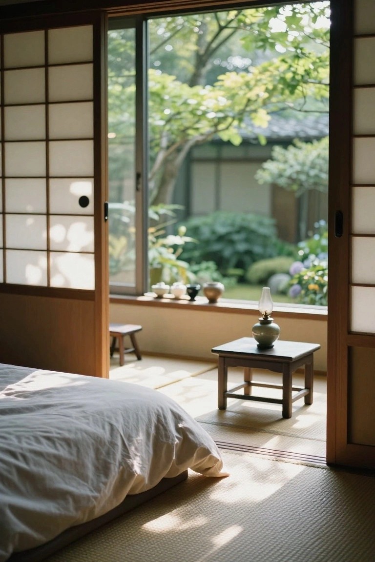 A Japanese-style bedroom with white bedding on a low platform, tatami flooring, open sliding shoji doors, and a small wooden table near the window overlooking a garden.