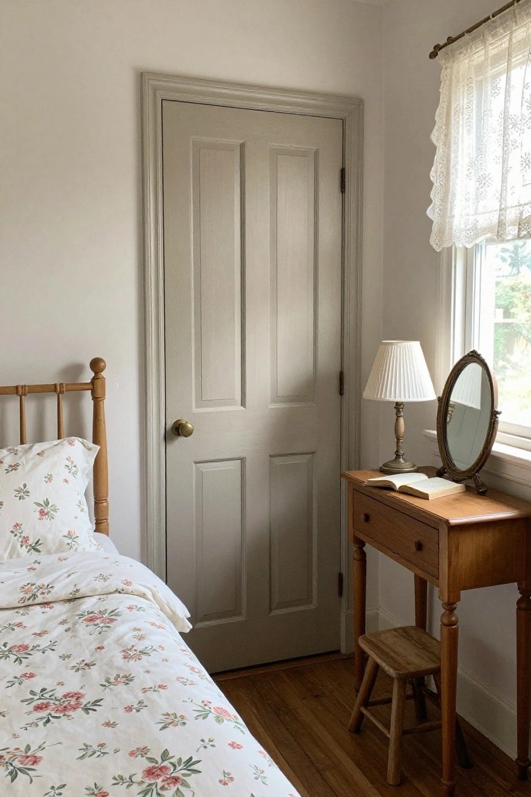 Bed with floral linens beside gray door and wooden desk with lamp, mirror, and book