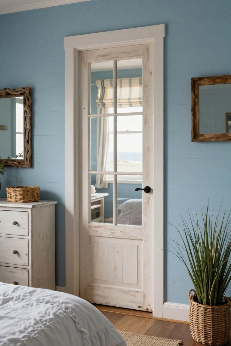 A whitewashed wooden door with six glass panes stands open in a bedroom with light blue walls.